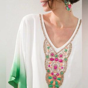 NEW CHICO'S EMBELLISHED BEADED V NECK OMBRE TOP BLOUSE MEDIUM